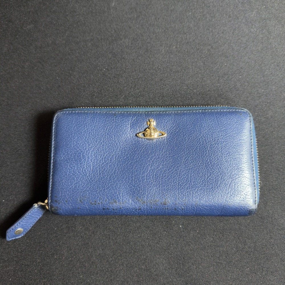 Vivienne Westwood Blue Pebbled Leather Orb Zip Around Long Wallet